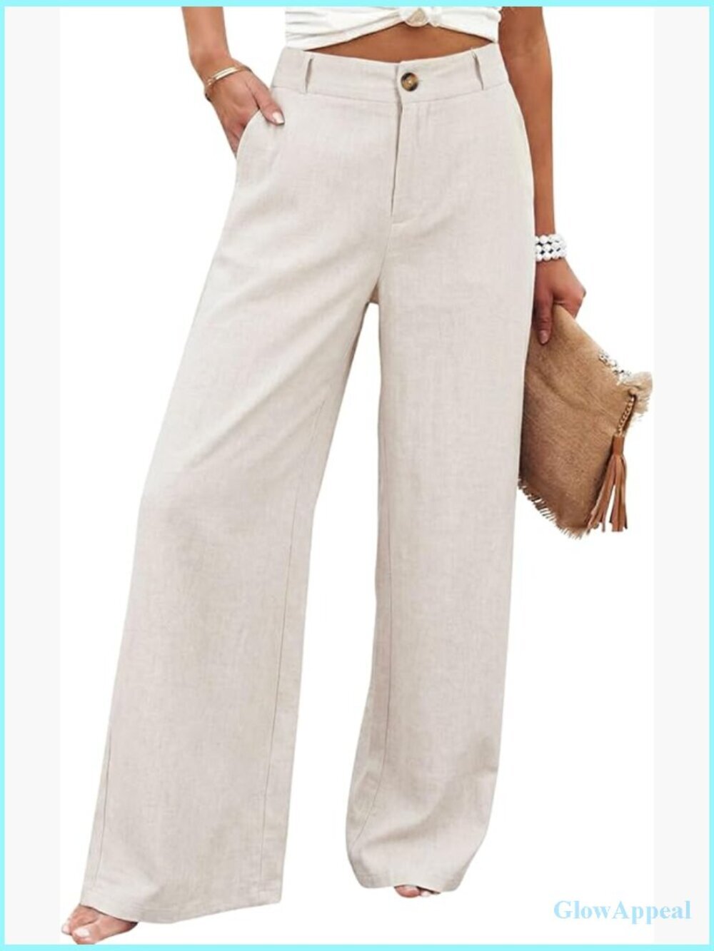 High Waist Wide Leg Linen Pants Button Front Elastic Back